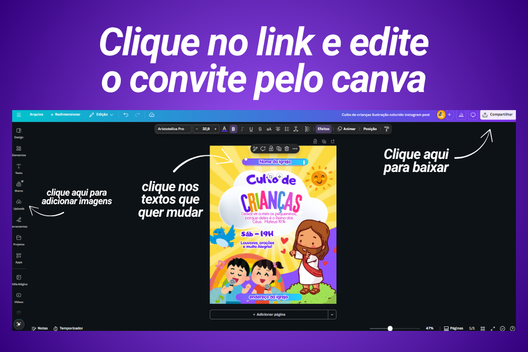 Convite para Culto Infantil para Editar