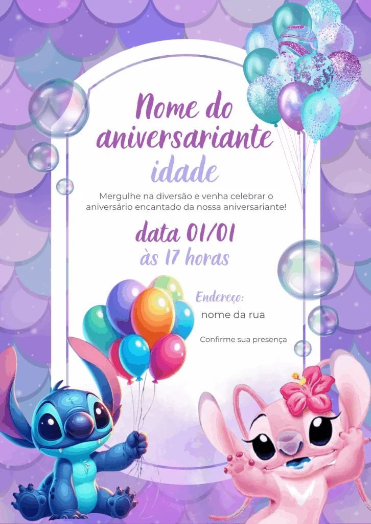 Convite de Aniversário Stitch para Editar