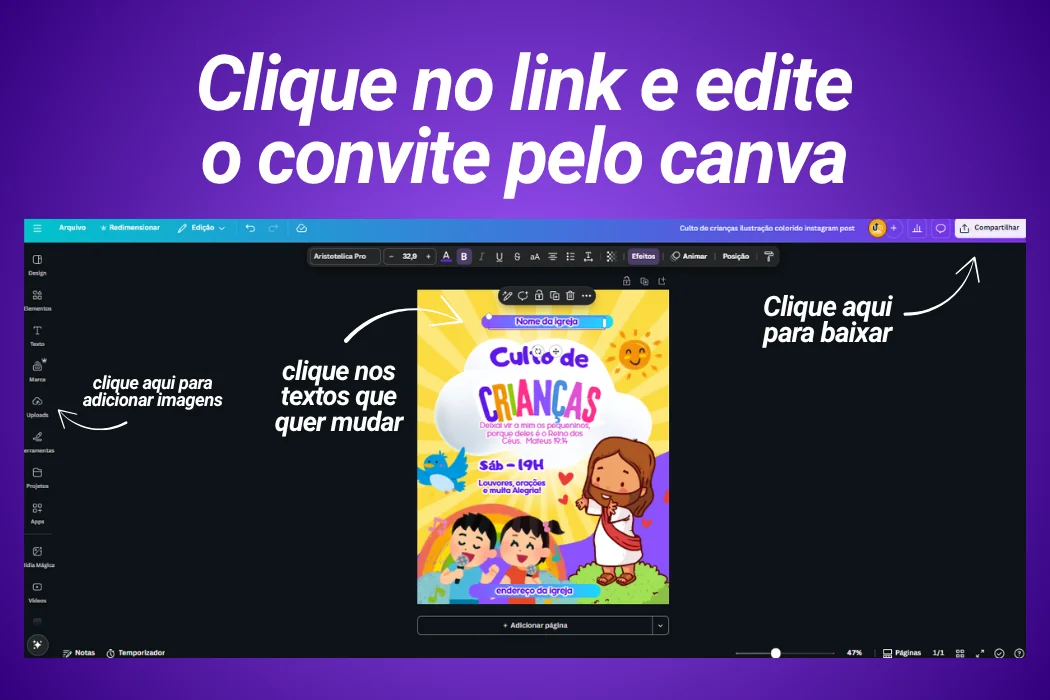Convite para Culto Infantil para Editar